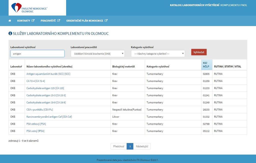 KATALOG LABORATORNÍCH VYŠETŘENÍ (I-LABMET HTTP://LABORATORE.FNOL.