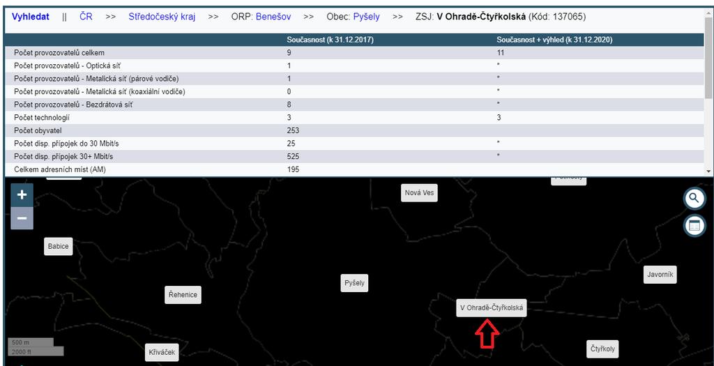 c) Z mapy (od určitého měřítka) pro konkrétní ZSJ kliknutím na název ZSJ v mapě. Prezentovaná data zobrazují stav podle geografického sběru dat k 31.12.