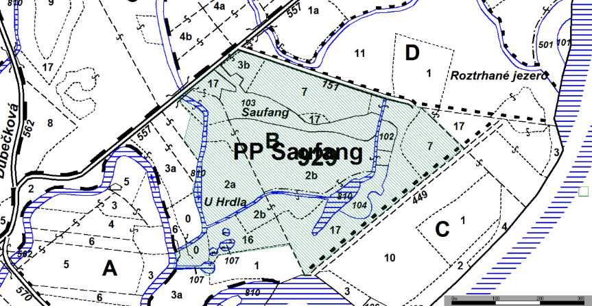 PP Saufang 20,68 ha Dříve rozlehlejší luční enkláva dnes částečně zalesněná. V okolních porostech staré duby.