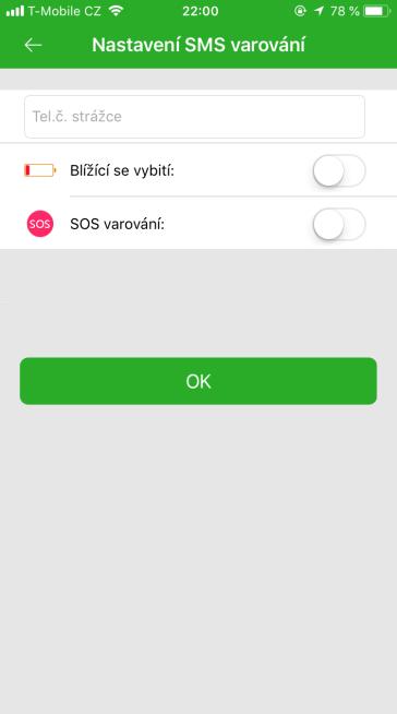 poloze každou 1 hodinu TIP: Pracovní režim si můžete změnit v mobilní aplikaci c) SMS upozornění: Slabá