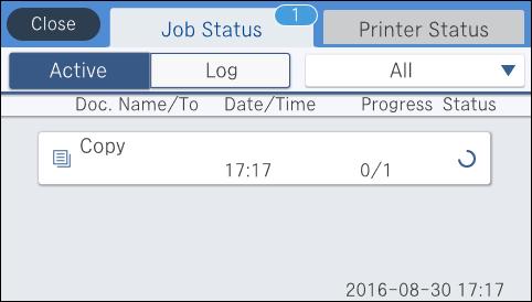 Základní informace o tiskárně Konfigurace obrazovky Job/Status Stisknutím ikony zobrazte nabídku Job/Status.Poté můžete zkontrolovat stav tiskárny nebo úloh.
