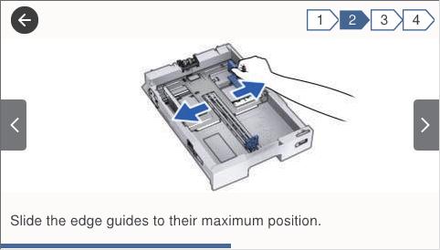 Základní informace o tiskárně Vyberte nabídku Jak na v dolní části provozní obrazovky: Zobrazí se kontextová animace. A B C D Označuje celkový počet kroků a číslo aktuálního kroku.