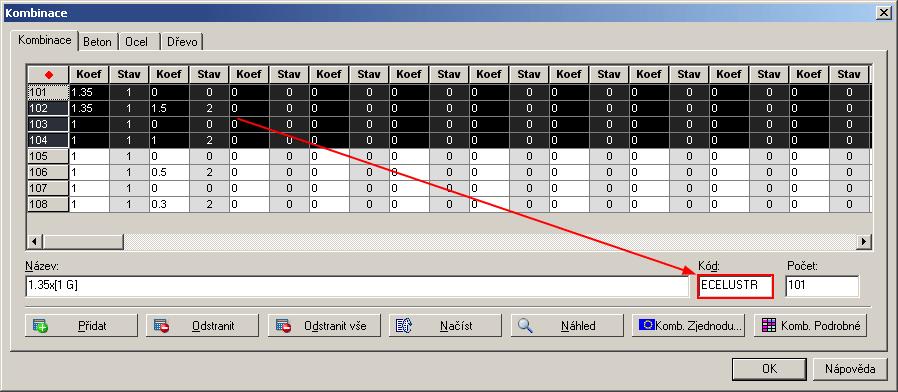vybraných kombinací Po výběru více kombinací v příslušném dialogovém okně, má uživatel možnost