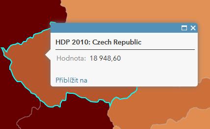 Druhá mapa je hotová. V horní liště klikneme na ULOŽIT. Mapu nazveme HDP a jako klíčová slova zvolíme např. GDP a WORLD. Mapu uložíme. Nyní klikneme na SDÍLET a poté na VYTVOŘIT WEBOVOU APLIKACI.