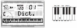 Funkce přehledu akordů slouží k rychlému zobrazení toho, jak se hraje vybraný akord, na displeji. Stiskněte tlačítko CHORD DICTIONARY. Přehled akordů Vyberte hlavní tón akordu.