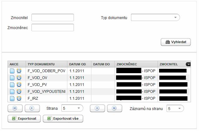 6.6 Přehled zmocnění Přehled zmocnění zobrazuje záznamy plných mocí k jednotlivým ohlašovacím povinnostem.