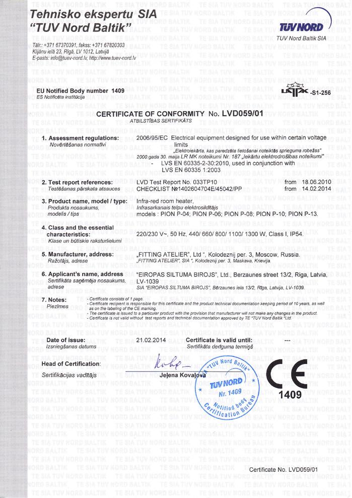 Prohlášení o shodě Certifikace TUV Výrobce: FlTTlNG ATELIER, s.r.o., Koloděžnyj pjerulok.