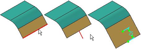 Lekce 6 Nástroje manipulace s plochou Příkaz Protáhnout plochu Protáhne plochu podél jedné nebo více vybraných hran. Vybrané hrany mohou tvořit souvislý řetězec (1) nebo mohou být přerušeny(2).