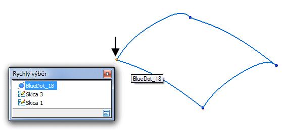 Lekce 3 Tvorba a úprava křivek Úprava prvku BlueDot Čtyři křivky jsou nyní propojené pomocí prvku BlueDot. Upravte prvek BlueDot a pozorujte chování křivek. Vyberte zobrazený prvek BlueDot.