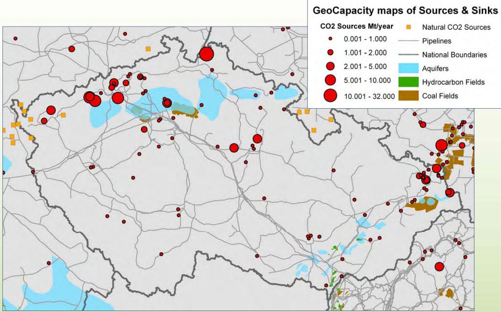 Obrázek 3: Mapa velkých zdrojů emisí CO2 s emisemi většími než 0,001 Mt CO2 ročně pro ČR a blízké okolí s naznačenými možnými geologickými úložišti. Zdroj: Česká geologická služba, 2009.