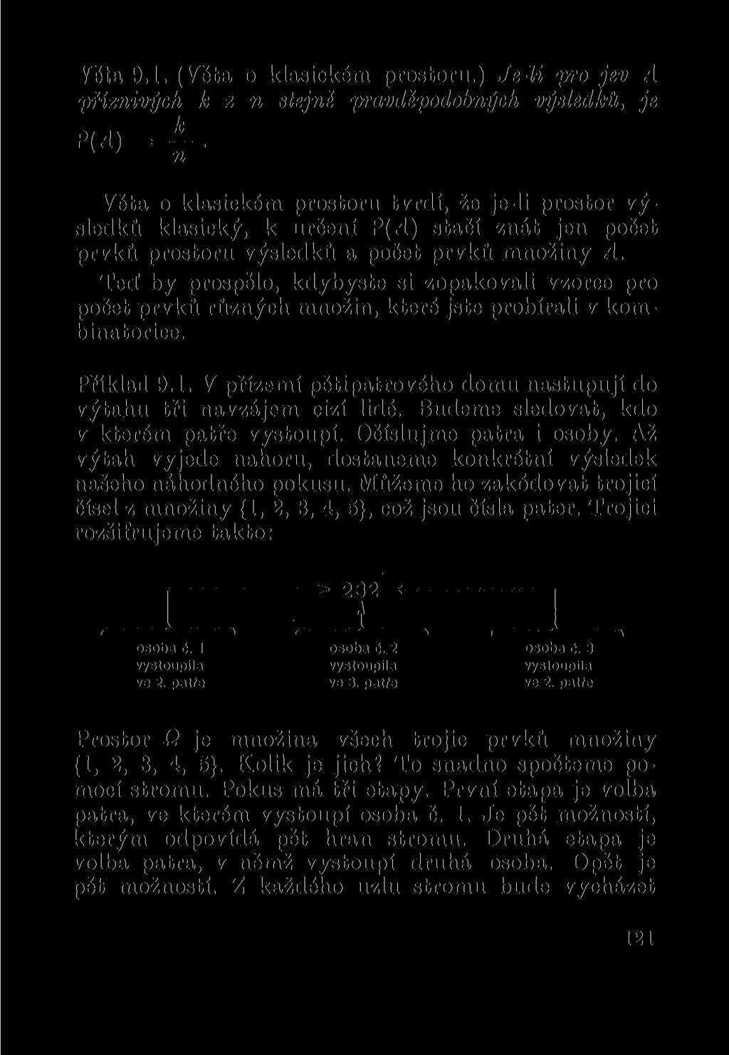 Věta 9.1. (Věta o klasickém prostoru.) Je-li pro jev A příznivých k z n stejně pravděpodobných výsledku, je P(A) = - -.