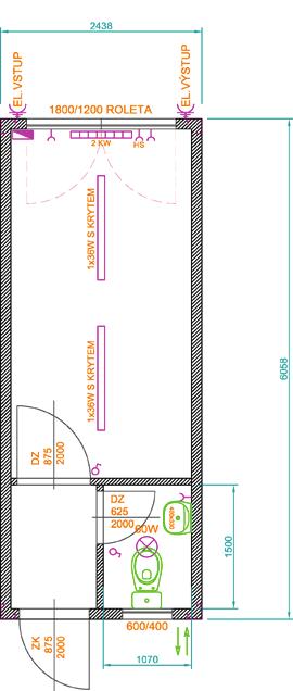 obytné kontejnery Typ 1/O velikost C10 3000 x 2438 x 2820 mm venkovní přívod a vývod 400 V/32 A rozvodná krabice (2x 16 A, 1x 10 A) 2 ks zářivka 1x 36 W s vanou 2 ks zásuvka zásuvka na topení