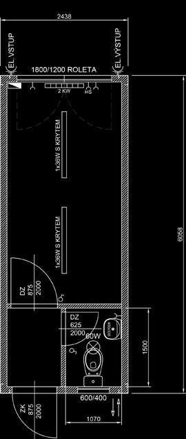 klimatizace výška 2600 mm (do hal) Typ 2/O (se zádveřím) venkovní přívod a vývod 400 V/32 A rozvodná krabice (2x 16 A, 1x 10 A) 2 ks zářivka 1x 36 W s vanou 2 ks zásuvka zásuvka na topení elektrický