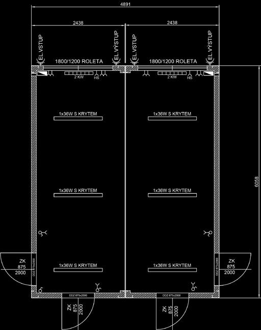 obytné kontejnery Typ 4/O (spojený ze dvou obytných kontejnerů) velikost DUO 6058 x 4886 x 2820 mm 2 ks venkovní přívod a vývod 400 V/32 A 2 ks rozvodná krabice (2x 16 A, 1x 10 A) 6 ks zářivka 1x 36