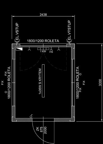 venkovní dveře pozinkované 875/2000 mm Typ 5/O (vrátnice, pokladna) velikost C10 3000 x 2438 x 2820 mm venkovní přívod a vývod 400 V/32 A rozvodná krabice (2 16 A, 1 x 10 A) 2 ks zářivka 1x 36 W s