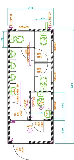 SANITÁRNÍ KONTEJNERY Typ 3/S (sociální) venkovní přívod a vývod 400 V/32 A rozvodná krabice (2x 16 A, 1x 10 A) 2 ks zářivka 1x 36W s vanou 2