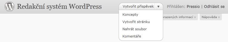 Název webu: po kliknutí přechod na veřejnou část webu Zcela vlevo najdete název vašeho webu. Kliknutím na název webu si otevřete okno s veřejnou částí webu tzn. odejdete z administrace.