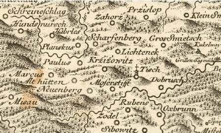 Ktišsko - zaniklá osídlení - I. Müllerovo mapování Èech z roku 1720 (mapový list è.