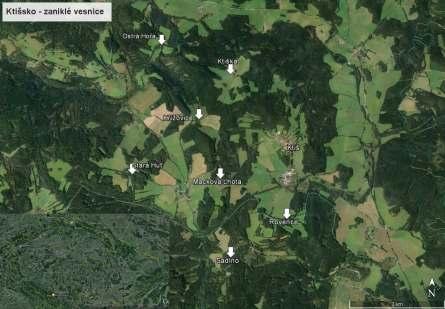 4 Ktišsko - zaniklé vesnice (Google Earth Pro) Poèátky osídlení tohoto prostoru jsou spojeny se založením kláštera Zlatá Koruna v roce 1263 Pøemyslem Otakarem II.