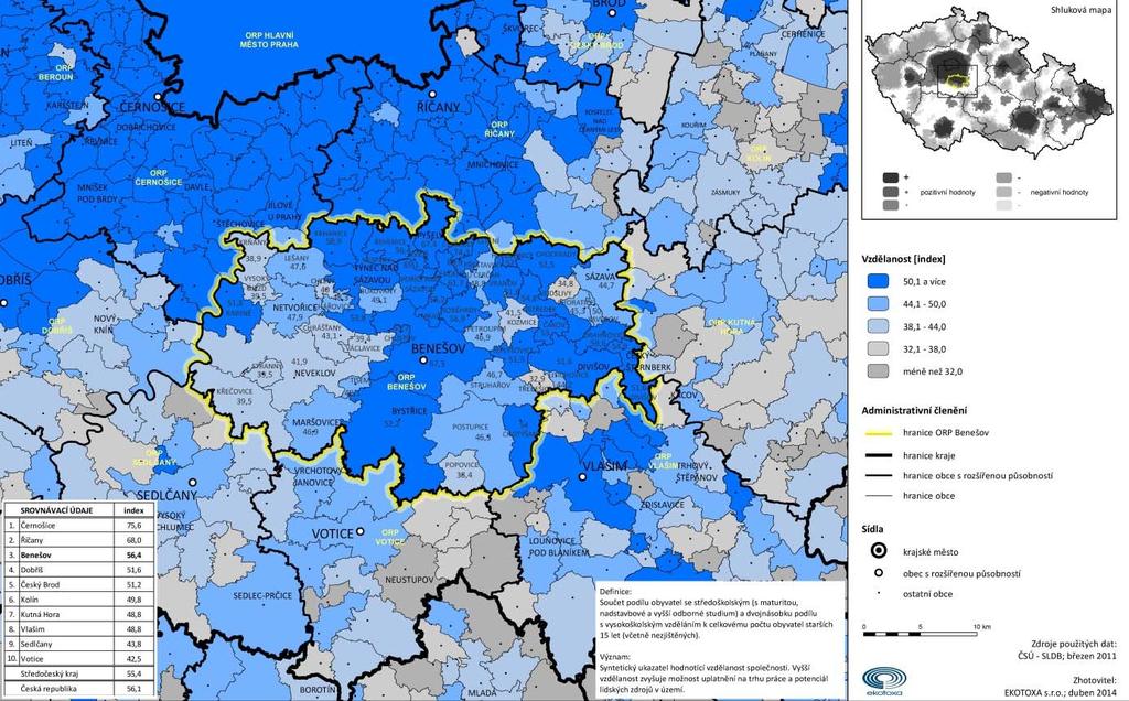 Kartogram 5 Index vzdělanosti Kartogram zobrazuje součet podílu obyvatel se středoškolským vzděláním a dvojnásobku podílu s vysokoškolským vzděláním k celkovému počtu obyvatel starších 15 let.