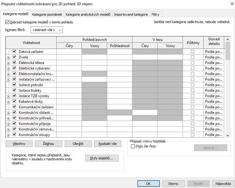 Obr. 10 - přepsání viditelnosti zobrazení pro aktuální pohled v kategorii modelů
