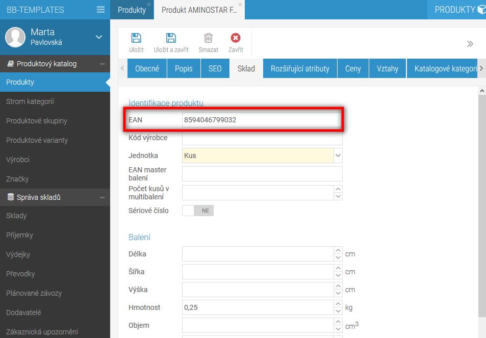 Doplnění <EAN> kódu k položce 1) Modul Produkty > Výběr produktu > tab Sklad. Zde doplníte EAN do prvního pole v sekci Identifikace produktu: Pozn.