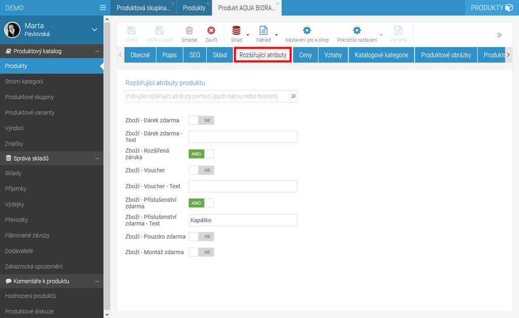 Ve výchozím nastavení se u produktů pole pro práci s EXTRA_MESSAGE atributy zobrazují: Jednotlivé atributy je možné zapnout nebo vypnout a případně doplnit rozřišující texty.