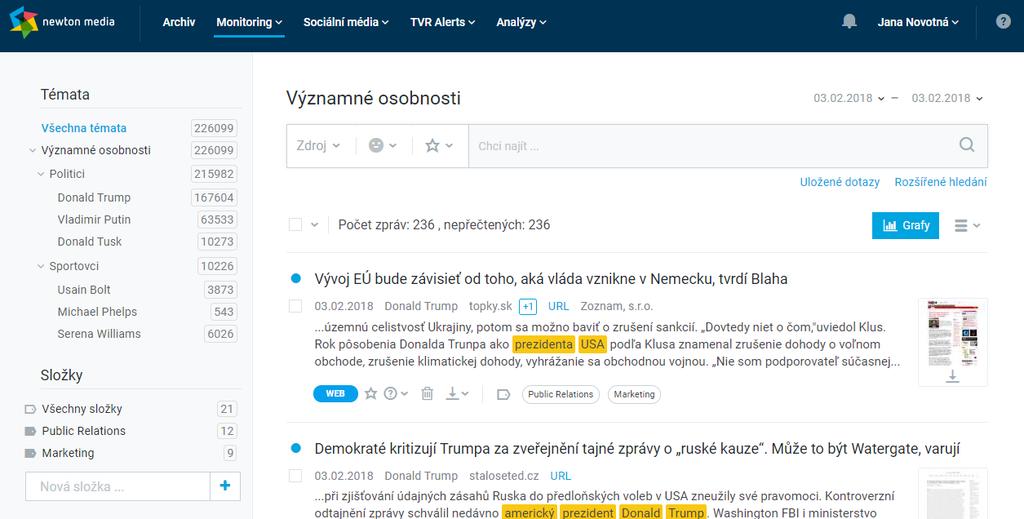 VYHLEDÁVÁNÍ > Monitoring > příspěvky je možné filtrovat podle témat, zdroje, sentimentu, důležitosti a času vydání nebo aktualizace. Lze použít i negativní masku, tj.