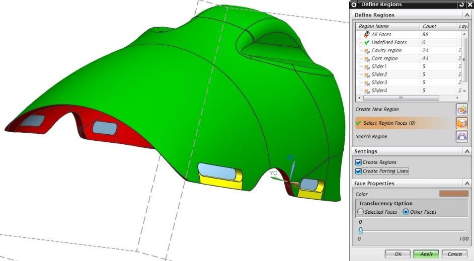 Tato rovina se vytváří nástrojem Design Parting Surface. Po spuštění tohoto nástroje je nutné vytvořit hranice, které bude kopírovat dělící plocha.