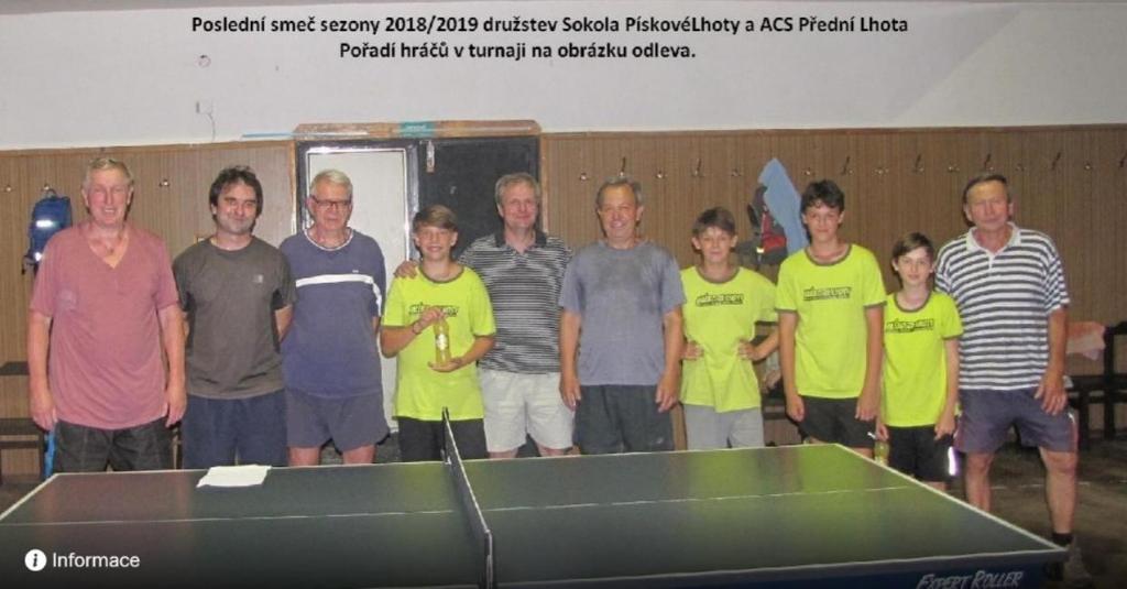 Vzácnou návštěvou ukončení a zhodnocení soutěží byl náš bývalý hráč Fanda Martínek. Oddíl stolního tenisu T.J. Sokol pořádá ve spolupráci s klubem ACS Přední Lhota v úterý 17.9.