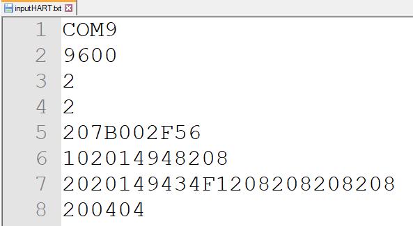 Příklad inputhart.txt je na obrázku 3.6. Na prvním řádku je zvolen sériový port. Musí být uveden znaky COM a následuje číslo příslušného portu, ke kterému chceme, aby byl HART slave připojen.