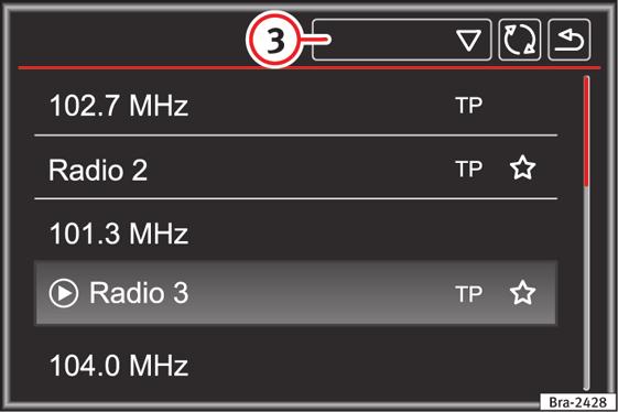 Provoz pro audio a média Hlavní menu AUTORÁDIO Obr. 6 Hlavní menu RADIO. Funkční plochy v hlavním menu RADIO 1 2 3 Vysílač (rozhlasová stanice) Manuálně Volba požadovaného frekvenčního rozsahu.