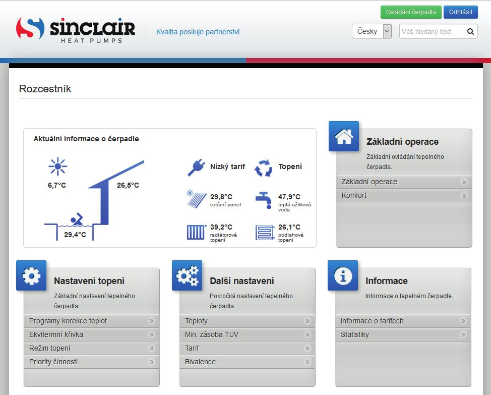 www.sinclairheatpumps.eu Zřízení i provoz účtu jsou bezplatné Interaktivní prostředí (zobrazení reálné ekvitermní křivky, atd.