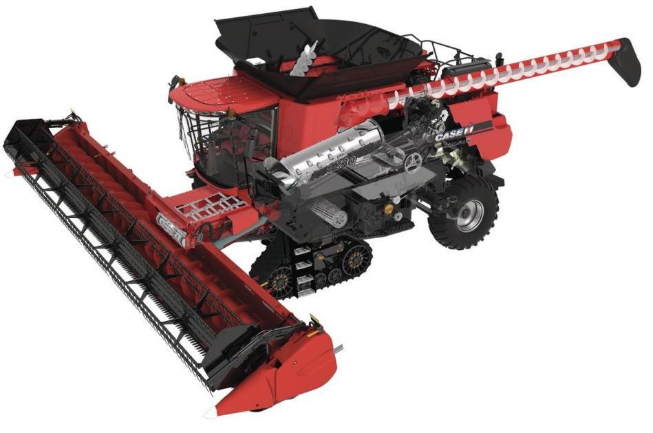 Obrázek 21: Konstrukce sklízecí mlátičky:case IH AXIAL FLOW 9230 [2] Firma Case IH je specialistou na jednorotorová axiální mláticí ústrojí a ani mlátička 9230 není výjimkou.