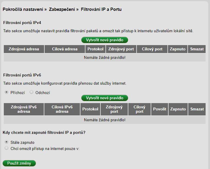 Filtrování IP a portů Tato sekce umožňuje provozovat na LAN veřejně