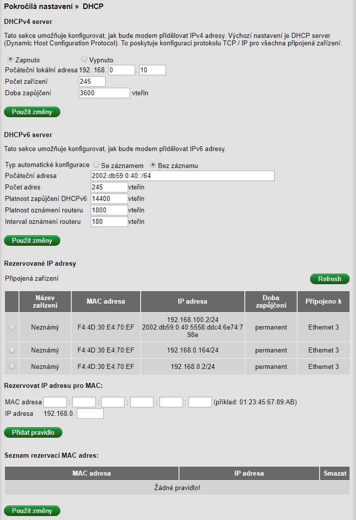 DHCP Tato sekce umožňuje konfigurovat nastavení