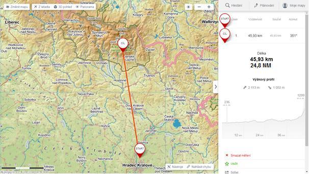Obrázek 21 Směrník a vzdálenost k Černé hoře (Start-LKHK; Cíl-Černá hora; www.mapy.