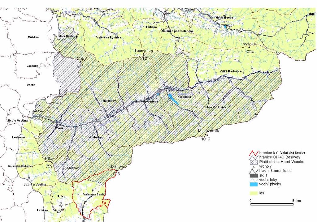 PTAČÍ OBLAST HORNÍ VSACKO Kód lokality: CZ 0721023 Kraj: Zlínský Rozloha: 26 977.7 ha Biogeografická oblast: Kontinentální Vyhlášena: Nařízením Vlády č. 686/2004 Sb., v platném znění Obr 3.