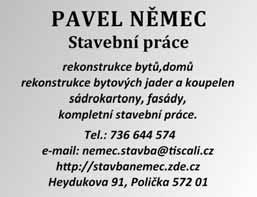 Nabízím rekonstrukce a opravy starých komínů, čištění komínů, opravy žlabů, svodů, drobné zednické práce. Tel. 731 506 249, 464 620 162 po 19. hodině.