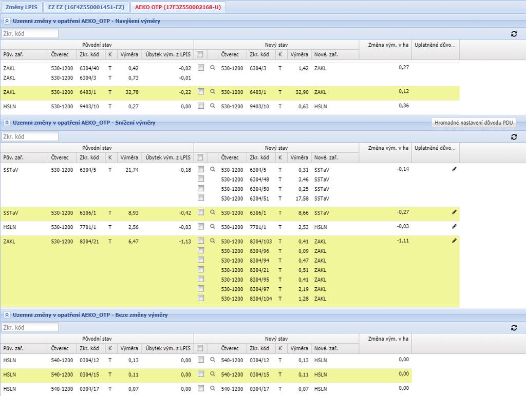 Obrázek 7 ukazuje záložku AEKO-OTP s přehledem dílčích změn u DPB zařazených do tohoto opatření.