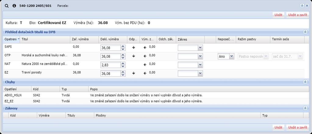 se šipkou dolu. Obrázek 13: Postup zadání plodiny v detailu DPB Přehled všech dotačních titulů na DPB s možností úpravy dekl.
