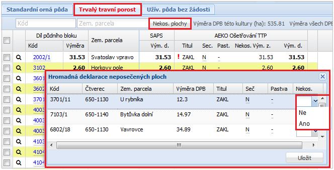 HSLH, HSLN), které jsou vhodné pro deklaraci nepokoseného pásu. U titulu ZAKL vyberte libovolně ANO/NE v comboboxu neposečených ploch.