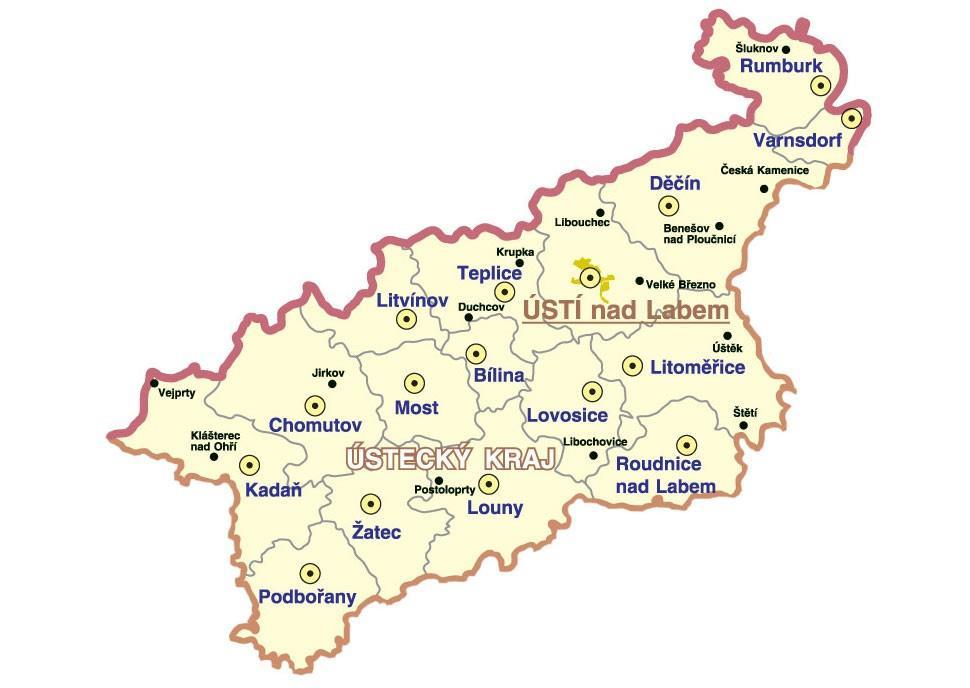 ÚSTECKÝ KRAJ Krajské město: Ústí nad Labem Rozloha: 5 335 km 2 Počet obyvatel: 820 965 (2020) Počet okresů: 7