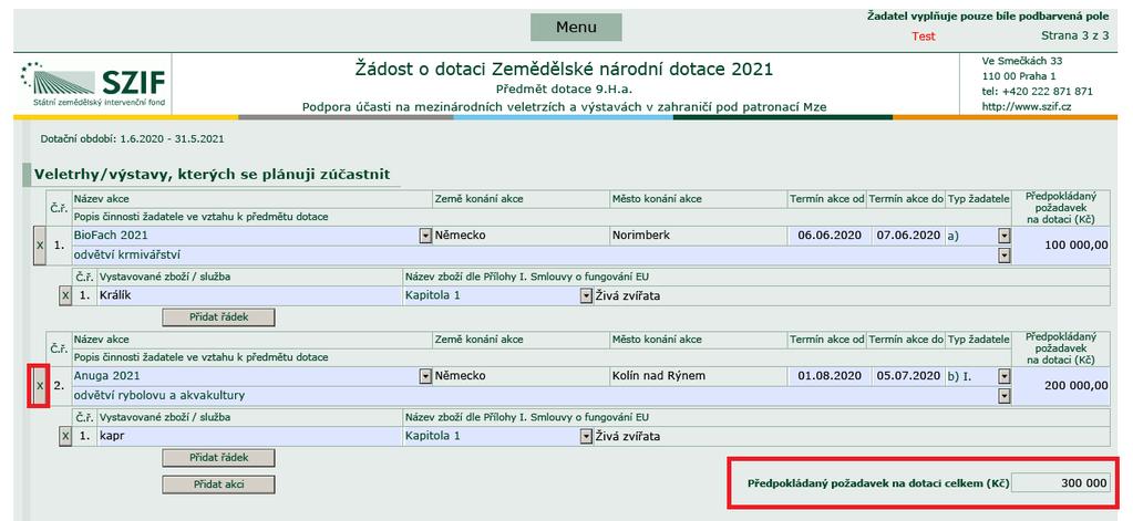 Žadatel může přidávat požadovaný počet řádků a vyplňovat potřebné údaje.