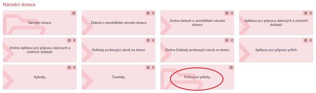 Vložení průřezových příloh Žadatel vybere pole Průřezové přílohy a klikne na něj. Průřezové přílohy: Čestné prohlášení žadatele o podporu de minimis - vyplňuje pouze žadatel typu b)i., b)ii.