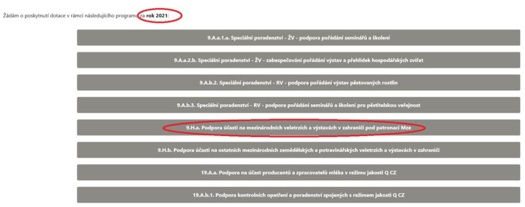 Žadatel vybere menu žádosti na rok 2021 a požadovaný dotační program a klikne na něj.