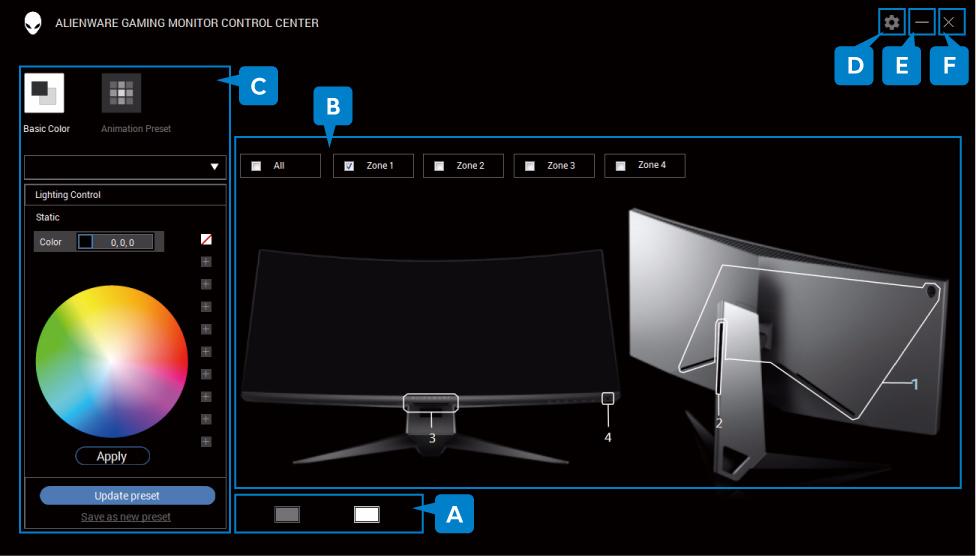 Navigace v aplikaci AlienFX Pokud jsou splněny všechny nezbytné předpoklady pro používání aplikace AlienFX, klikněte dvakrát na ikonu zástupce na ploše,, pro přístup k Alienware gaming monitor