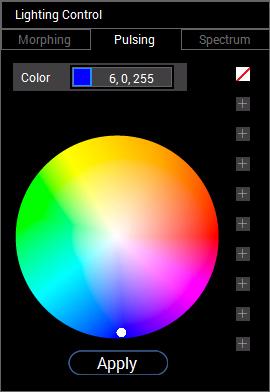 Přednastavení animace Zvolit lze Morphing (Morfing), Pulsing (Pulzace) nebo Spectrum (Spektrum) z přednastaveného panelu pro řízení osvětlení.
