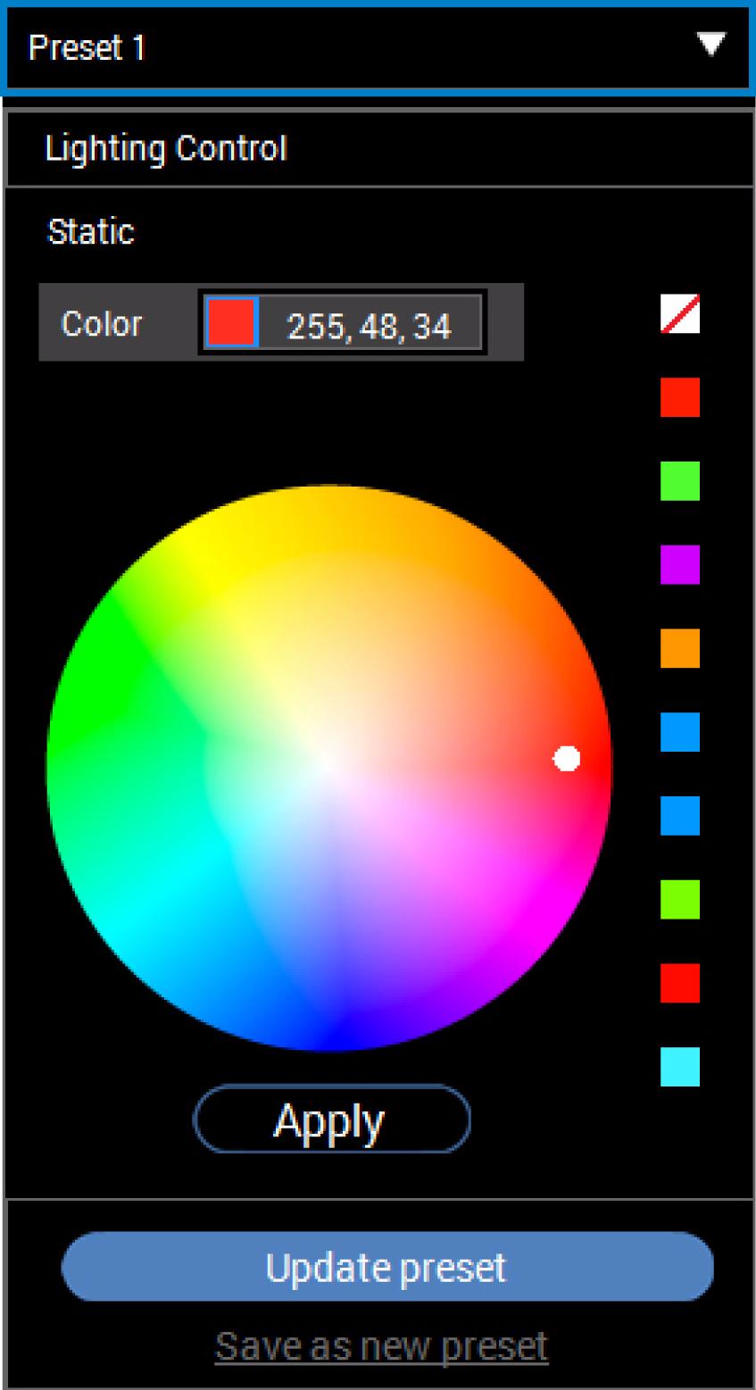 Změna přednastavené barvy Pokud chcete změnit přednastavenou barvu: 1. Klikněte na pro otevření seznamu přizpůsobených sad. 2. Vyberte sadu, v níž je barevná položka, kterou chcete změnit. 3.