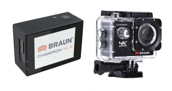 Braun outdoorová videokamera Champion 4K III, WiFi, vodotěsné pouzdro - podpora 4K videa, přímé natáčení timelapse a slowmotion videa - funkce WiFi pro ovládání a sledování záběrů na chytrém telefonu